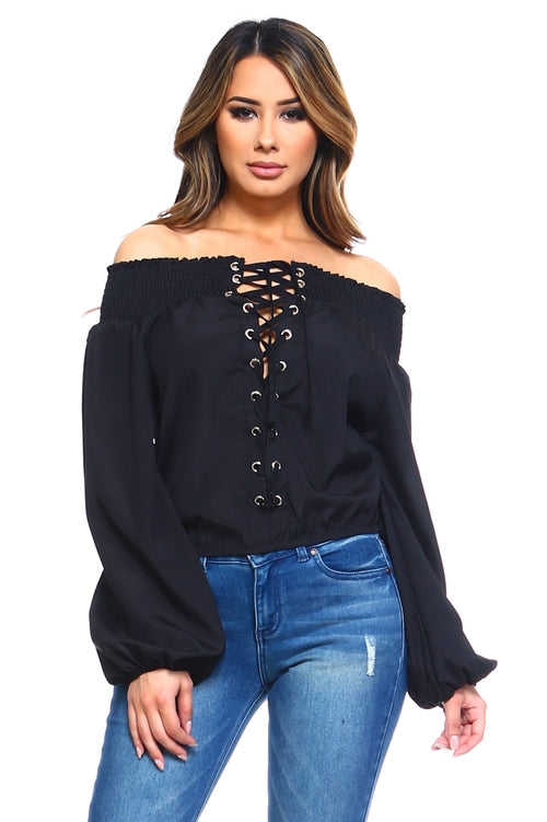 Womens Lace-Up Off Shoulder Blouse