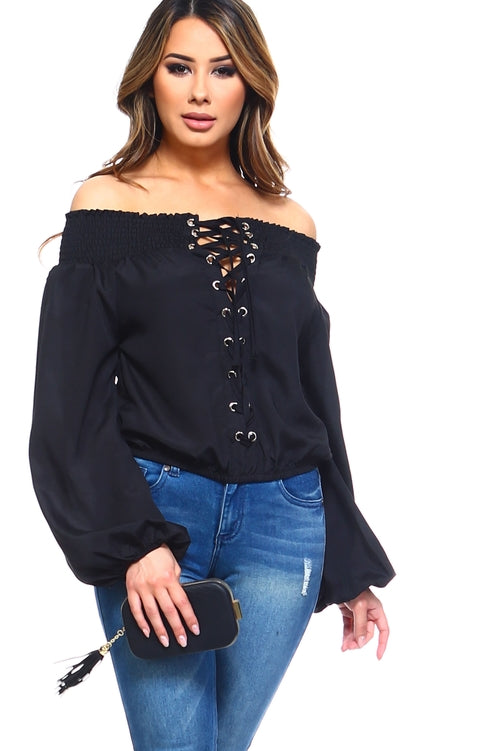 Womens Lace-Up Off Shoulder Blouse