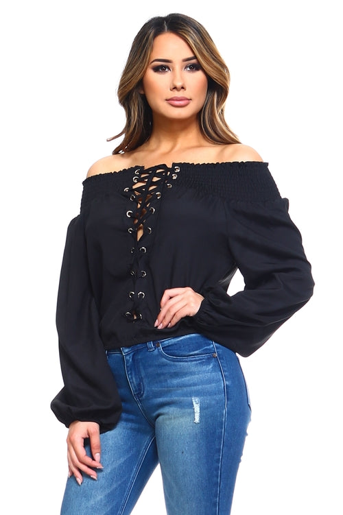 Womens Lace-Up Off Shoulder Blouse