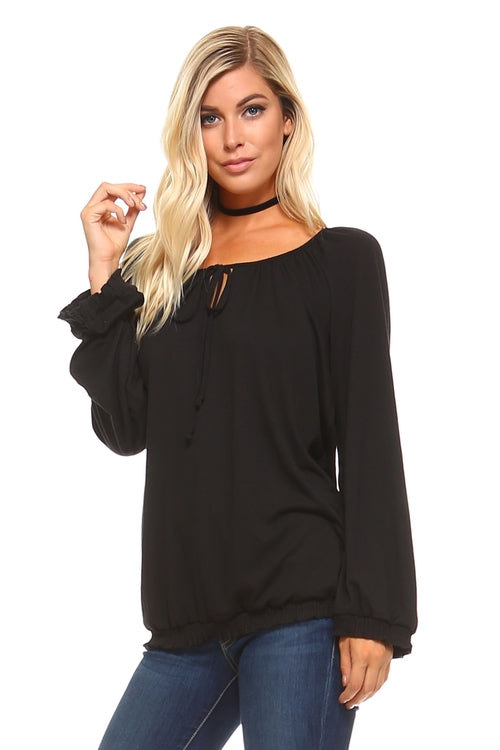 Womens Long Sleeve Solid Peasant Top