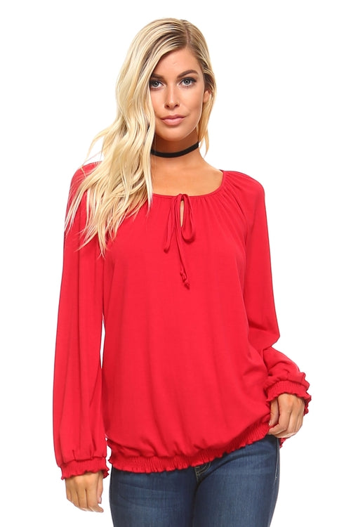 Womens Long Sleeve Solid Peasant Top