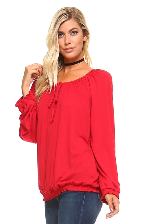 Womens Long Sleeve Solid Peasant Top