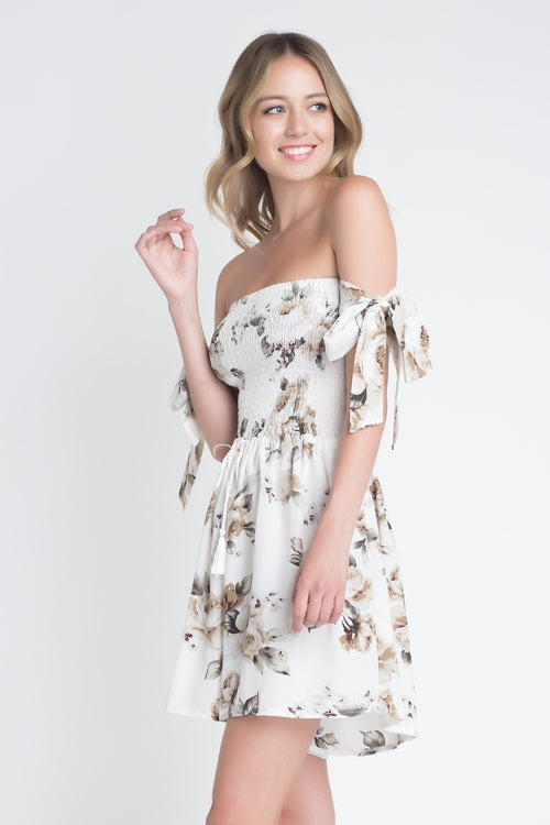 Womens Off Shoulder Smocked Floral Tie Romper