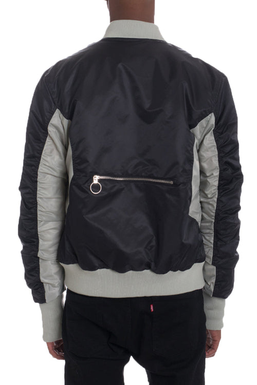 Black and gray bomber jacket with a zipper on a white background