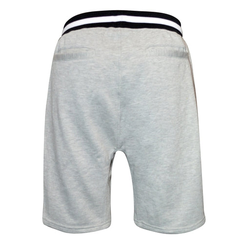 Gray shorts with a black waistband on a white background