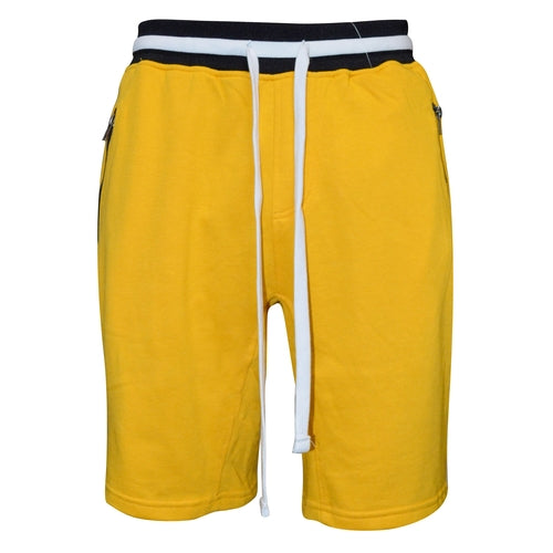Yellow shorts with a white drawstring on a white background