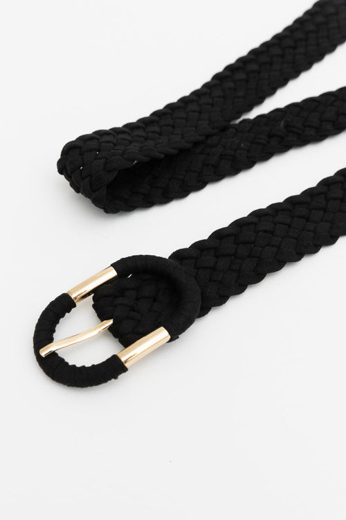 Black braided belt with a gold buckle on a white background