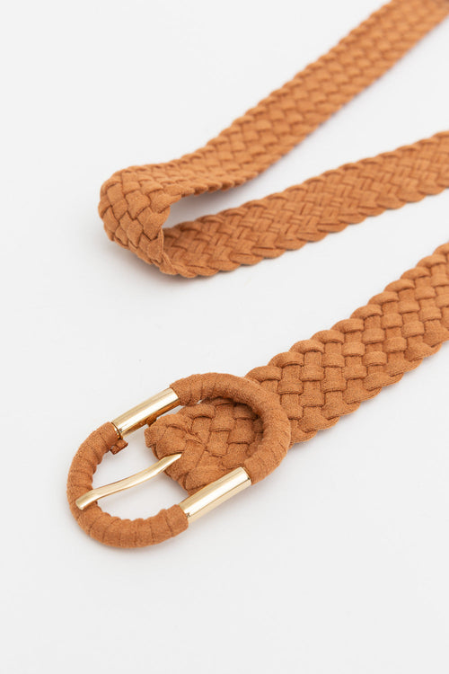 Brown braided belt with a gold buckle on a white background