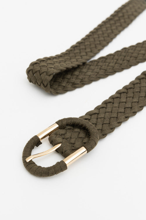 Brown braided belt with a gold buckle on a white background