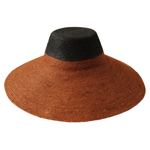 Brown straw hat with black band on a white background