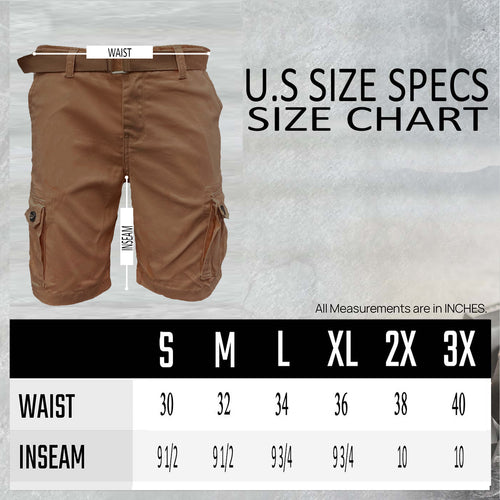 Brown shorts with a size chart on a gray background