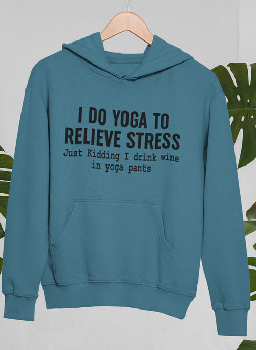 Blue hoodie with text on a hanger against a light gray background
