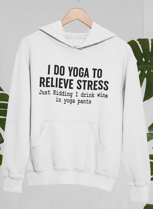 White hoodie with humorous text on a hanger against a gray background