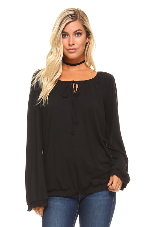 Womens Long Sleeve Solid Peasant Top