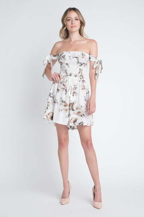 Womens Off Shoulder Smocked Floral Tie Romper