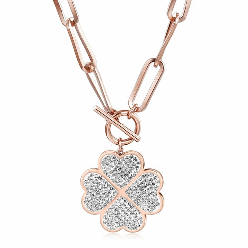 Rose gold necklace with a four-leaf clover pendant on a white background