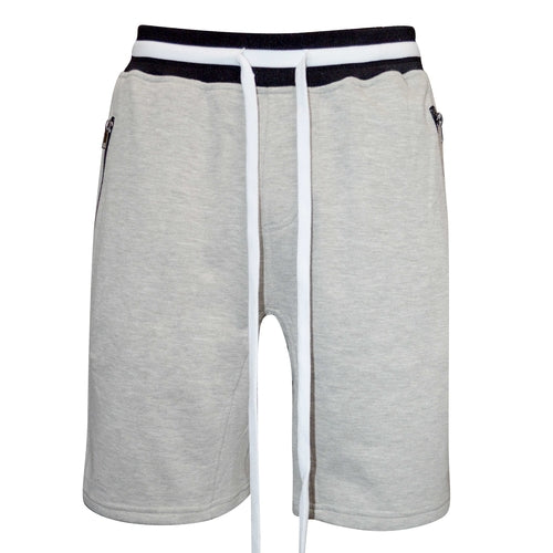 Gray shorts with black and white waistband on a white background