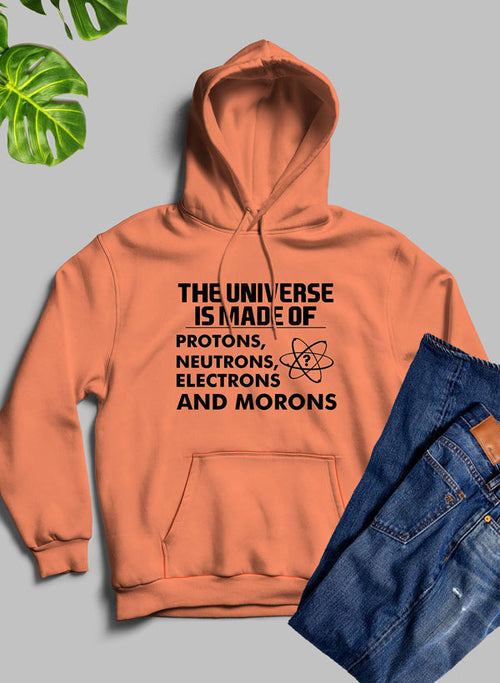 Orange hoodie with text and jeans on a gray background