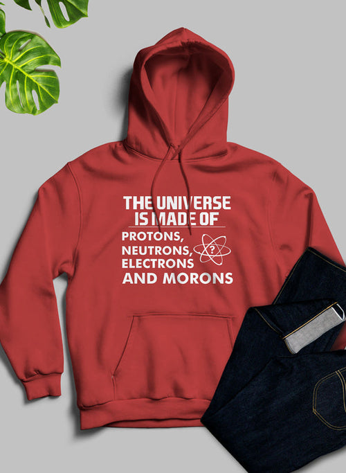Red hoodie with humorous text design on a gray background