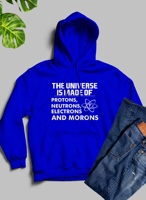 Blue hoodie with humorous text and design on a gray background
